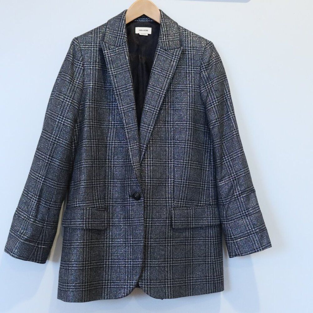 ZADIG & VOLTAIRE VIVA CAR SHIMMER BLAZER jacket black silver plaid 38 formal